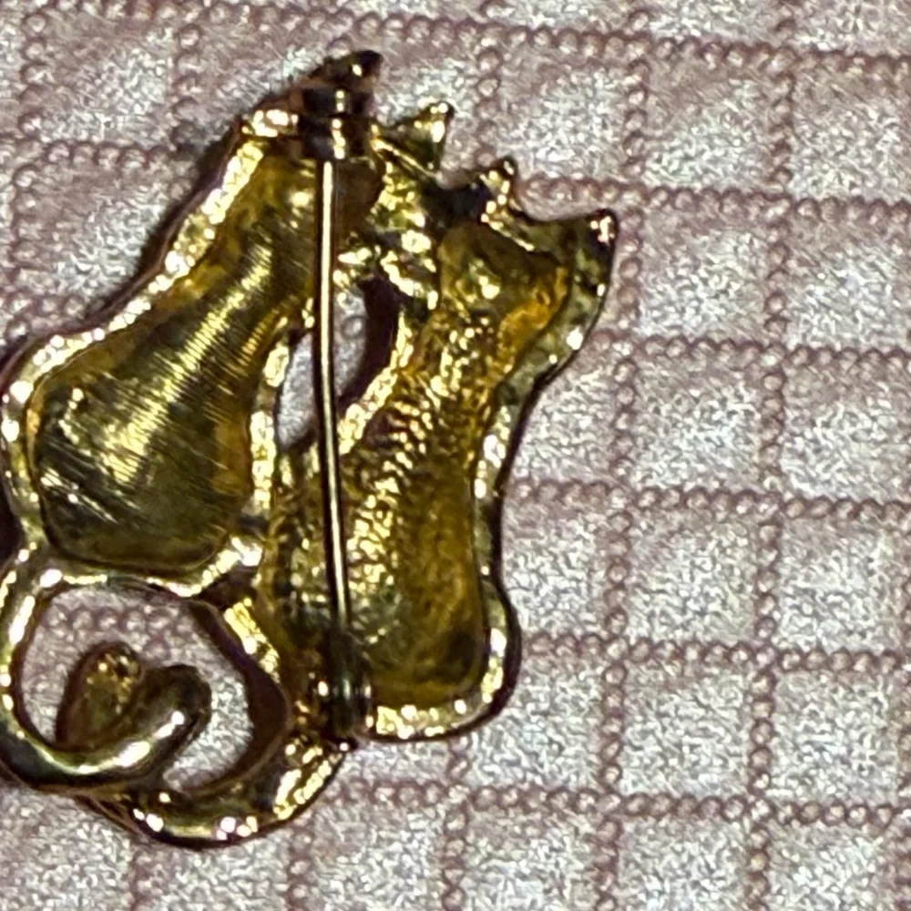 Cat Brooch - Black and Cream with Rhinestones in Gold Tone
